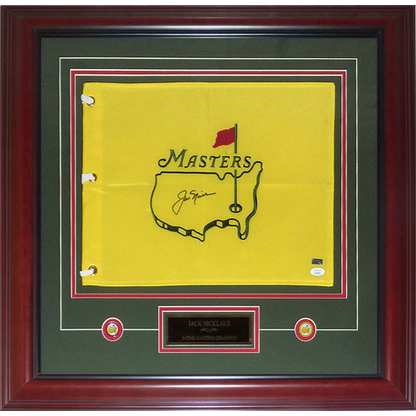 Jack Nicklaus Autographed Undated Masters Golf Pin Flag Deluxe Framed with Nameplate and Ball Markers