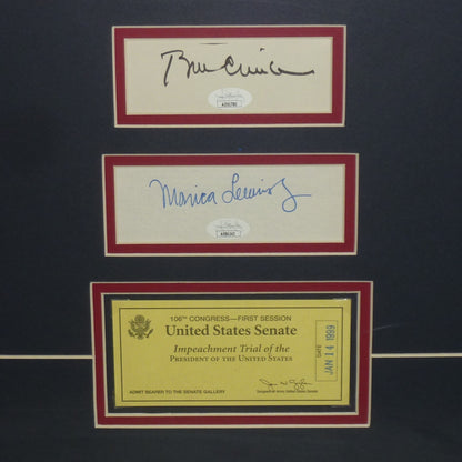 Bill Clinton And Monica Lewinsky Dual Autographed Presidential Deluxe Framed piece with Authentic Impreachement Trial Ticket - JSA