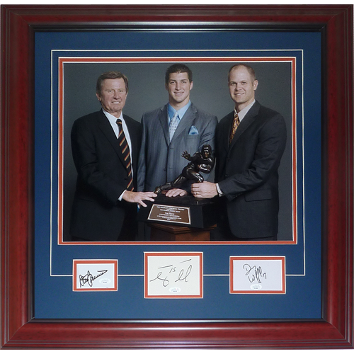Steve Spurrier, Danny Wuerffel And Tim Tebow Autographed Florida Gators Heisman Deluxe Framed 16x20 Photo with Cut Signatures - JSA