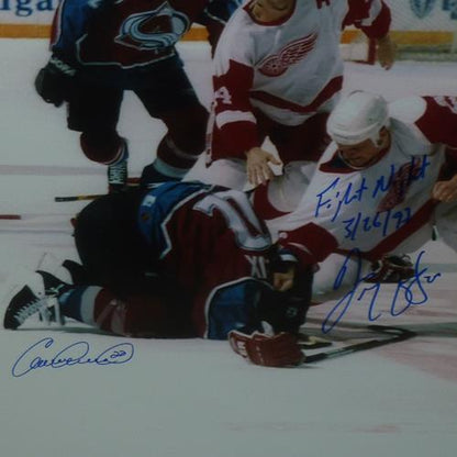 Darren McCarty And Claude Lemieux Autographed Detroit Red Wings (Fighting) Deluxe Framed 16x20 w/ Fight Night - JSA