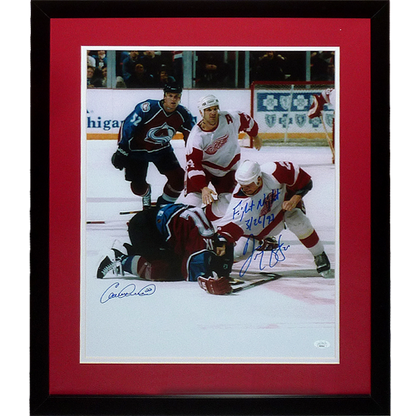 Darren McCarty And Claude Lemieux Autographed Detroit Red Wings (Fighting) Deluxe Framed 16x20 w/ Fight Night - JSA