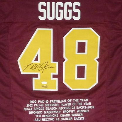 Terrell Suggs Autographed Arizona State Sun Devils (Maroon #48) Custom STAT Jersey - JSA