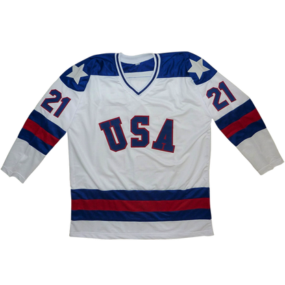 Mike Eruzione Autographed USA Hockey (White #21) Custom Stitched Jersey - Beckett