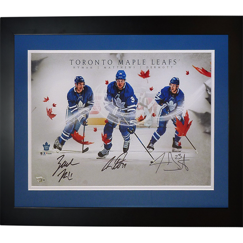 Auston Matthews , Travis Dermott And Zach Hyman Autographed Toronto Maple Leafs Deluxe Framed 11x17 Photo - Fanatics