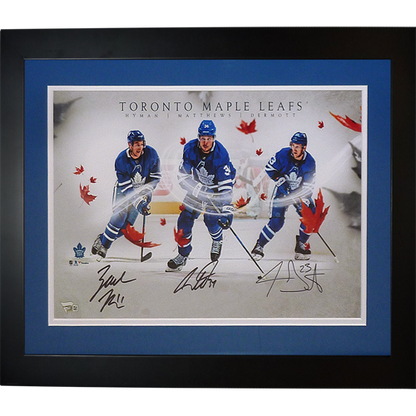 Auston Matthews , Travis Dermott And Zach Hyman Autographed Toronto Maple Leafs Deluxe Framed 11x17 Photo - Fanatics
