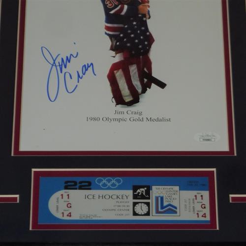 Jim Craig Autographed 1980 USA Hockey Deluxe Framed 8x10 Photo w/ Replica Olympics Ticket - JSA
