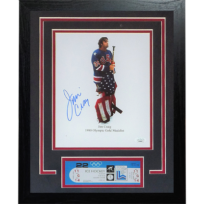 Jim Craig Autographed 1980 USA Hockey Deluxe Framed 8x10 Photo w/ Replica Olympics Ticket - JSA