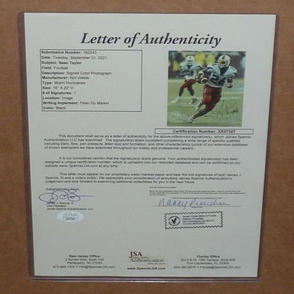 Sean Taylor Autographed Miami Hurricanes Deluxe Framed 16x20 Photo - Extremely Rare - JSA Full Letter