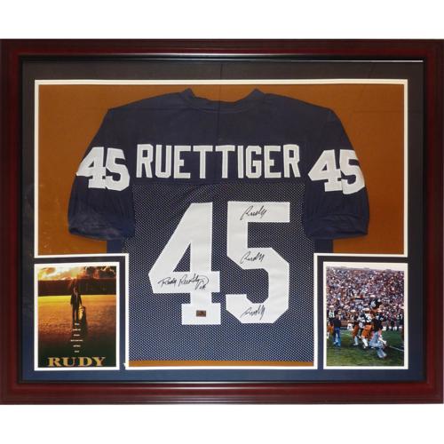 Rudy Ruettiger Autographed Notre Dame Fighting Irish (Blue #45) Deluxe Framed Jersey w/ 