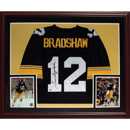 Terry Bradshaw Autographed Pittsburgh Steelers (Black #12) Deluxe Framed Jersey