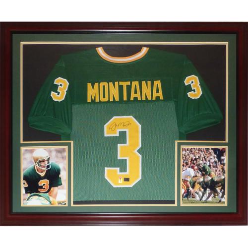 Joe Montana Autographed Notre Dame Fighting Irish (Green #3) Deluxe Framed Jersey - Montana Holo