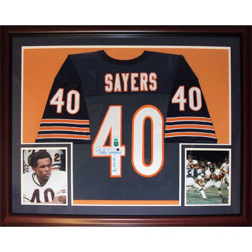 Gale Sayers Autographed Chicago Bears (Blue #40) Deluxe Framed Jersey w/ 
