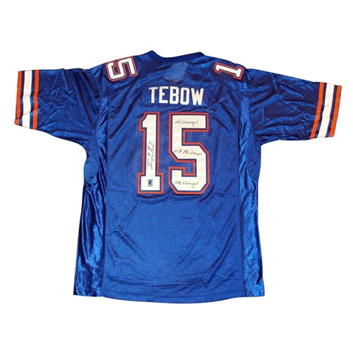 Tim Tebow Autographed Florida Gators (Blue #15) Jersey w/ "06 Champs" , "07 Heisman" , "08 Champs" - Tebow Holo