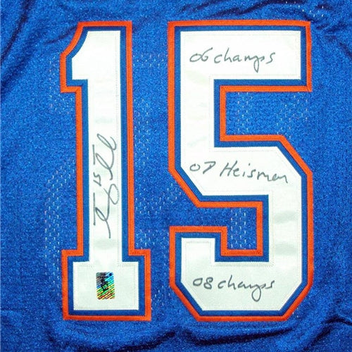 Tim Tebow Autographed Florida Gators (Blue #15) Jersey w/ "06 Champs" , "07 Heisman" , "08 Champs" - Tebow Holo