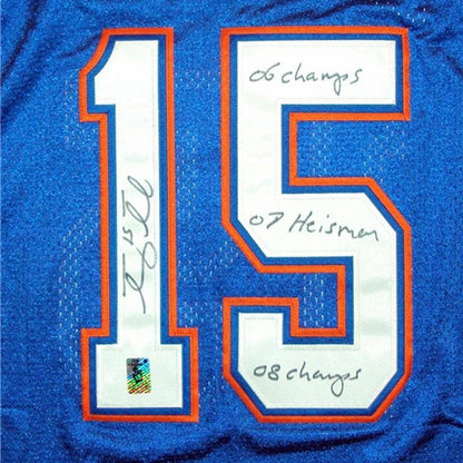 Tim Tebow Autographed Florida Gators (Blue #15) Jersey w/ "06 Champs" , "07 Heisman" , "08 Champs" - Tebow Holo