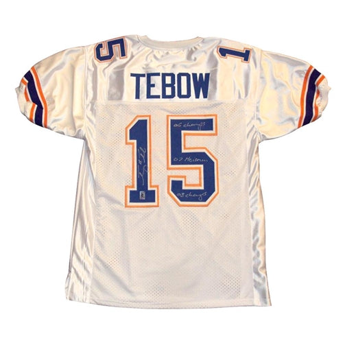Tim Tebow Autographed Florida Gators (White #15) Jersey w/ "06 Champs" , "07 Heisman" , "08 Champs" - Tebow Holo