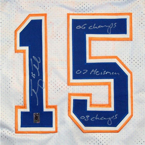 Tim Tebow Autographed Florida Gators (White #15) Jersey w/ "06 Champs" , "07 Heisman" , "08 Champs" - Tebow Holo