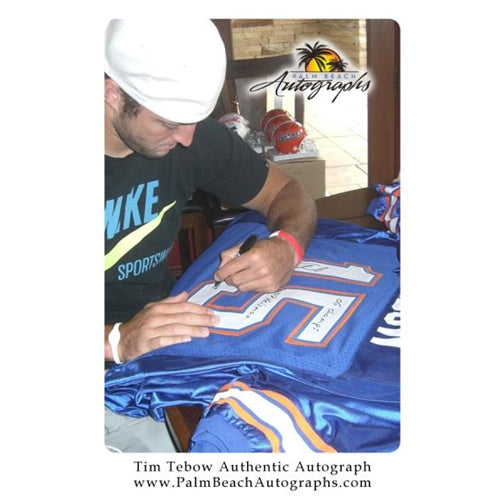 Tim Tebow Autographed Florida Gators (Blue #15) Deluxe Framed Jersey w/ "06 Champs" , "07 Heisman" , "08 Champs" - Tebow Holo