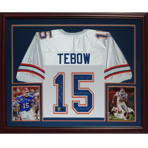 Tim Tebow Autographed Florida Gators (White #15) Deluxe Framed Jersey w/ 