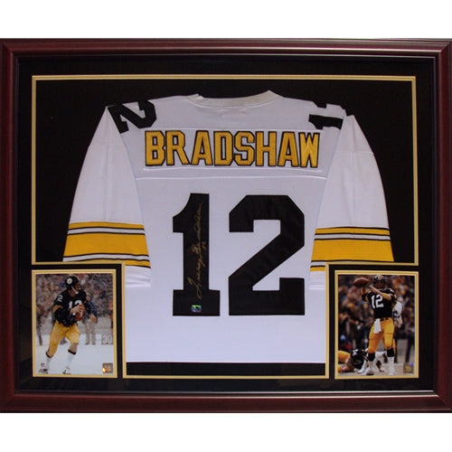Terry Bradshaw Autographed Pittsburgh Steelers (White #12) Deluxe Framed Jersey