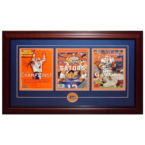 Danny Wuerffel , Chris Leak And Tim Tebow Autographed Florida Gators (National Champs Commemorative) Sports Illustrated Triple Frame