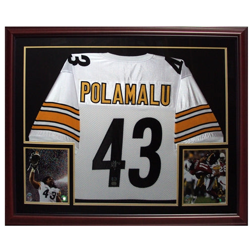 Troy Polamalu Autographed Pittsburgh Steelers (White #43) Deluxe Framed Jersey - Polamalu Holo