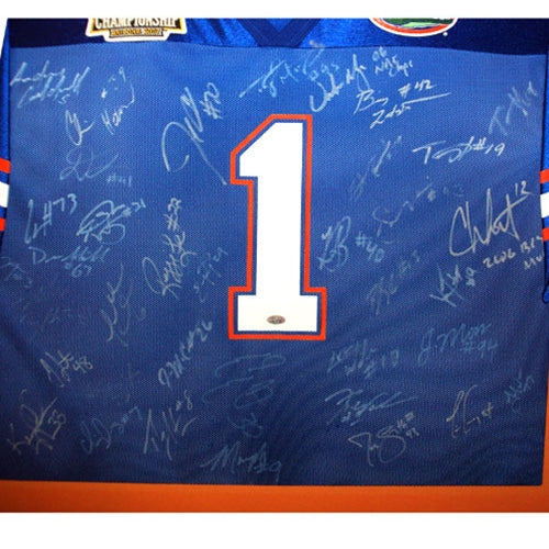 2006 Florida Gators National Championship Team and Urban Meyer Autographed (Blue #1) Deluxe Framed Jersey - 45 Signatures