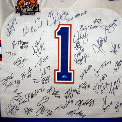 2006 Florida Gators National Championship Team and Urban Meyer Autographed (White #1) Deluxe Framed Jersey - 45 Signatures
