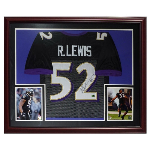 Ray Lewis Autographed Baltimore Ravens (Black #52) Deluxe Framed Jersey