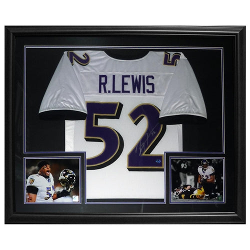 Ray Lewis Autographed Baltimore Ravens (White #52) Deluxe Framed Jersey