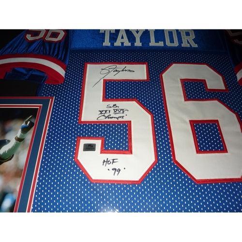 Lawrence Taylor Autographed New York Giants (Blue #56) Deluxe Framed Jersey w/ "SB XXI XXV Champs, HOF 99"