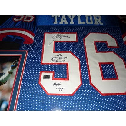 Lawrence Taylor Autographed New York Giants (Blue #56) Deluxe Framed Jersey w/ "SB XXI XXV Champs, HOF 99"