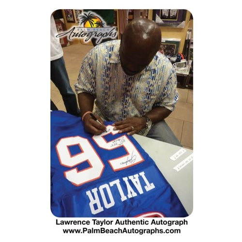 Lawrence Taylor Autographed New York Giants (Blue #56) Deluxe Framed Jersey w/ "SB XXI XXV Champs, HOF 99"
