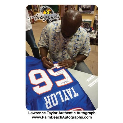 Lawrence Taylor Autographed New York Giants (Blue #56) Deluxe Framed Jersey w/ "SB XXI XXV Champs, HOF 99"