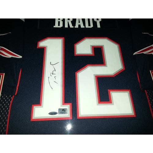 Tom Brady Autographed New England Patriots (Blue #12) Deluxe Framed Nike Jersey - TriStar