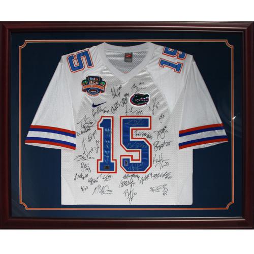2008 Florida Gators National Champions Team And Urban Meyer Autographed (White #15 Nike) Deluxe Framed Jersey - 35 Signatures, Tim Tebow